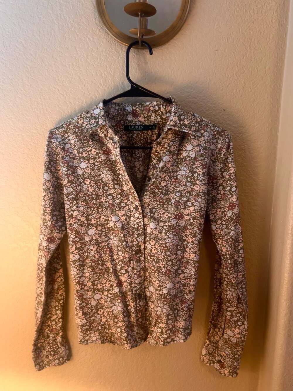 Ralph Lauren Women's Dark Olive Floral Print Long Sleeve Button-Down Shirt XS